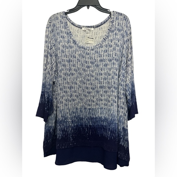 Rose And Olive Mixed Material Blouse Blue 3/4 Sleeve Scoop Neck Size 3X NWT - Picture 1 of 5
